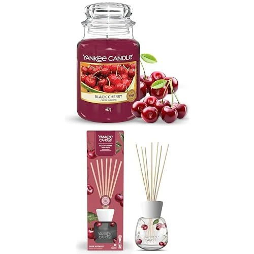 Bundle of Yankee Candle Scented Candle | Black Cherry Large Jarn + Yankee Candle Signature Scented Reed Diffuser | Black Cherry Aroma Diffuser| 100 ml | Perfect Gifts for Women