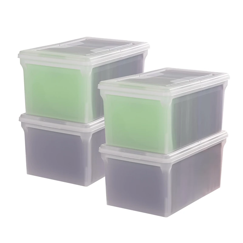 IRIS USA File Box, File Organizer w/Hinged Split Lid for Letter File, Important Document Box, Plastic Storage Filing Bin for Moving, Stackable Nestable Portable, Pearl 44 Qt. 4 Pack