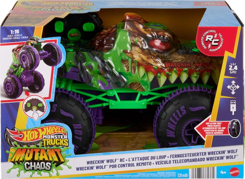 Hot Wheels Toy Monster Trucks, Remote-Control Wreckin’ Wolf in 1:15 Scale, Mutant Chaos RC Vehicle with Off-Road Tires, On-Command Wheelie Stunts, JMM77