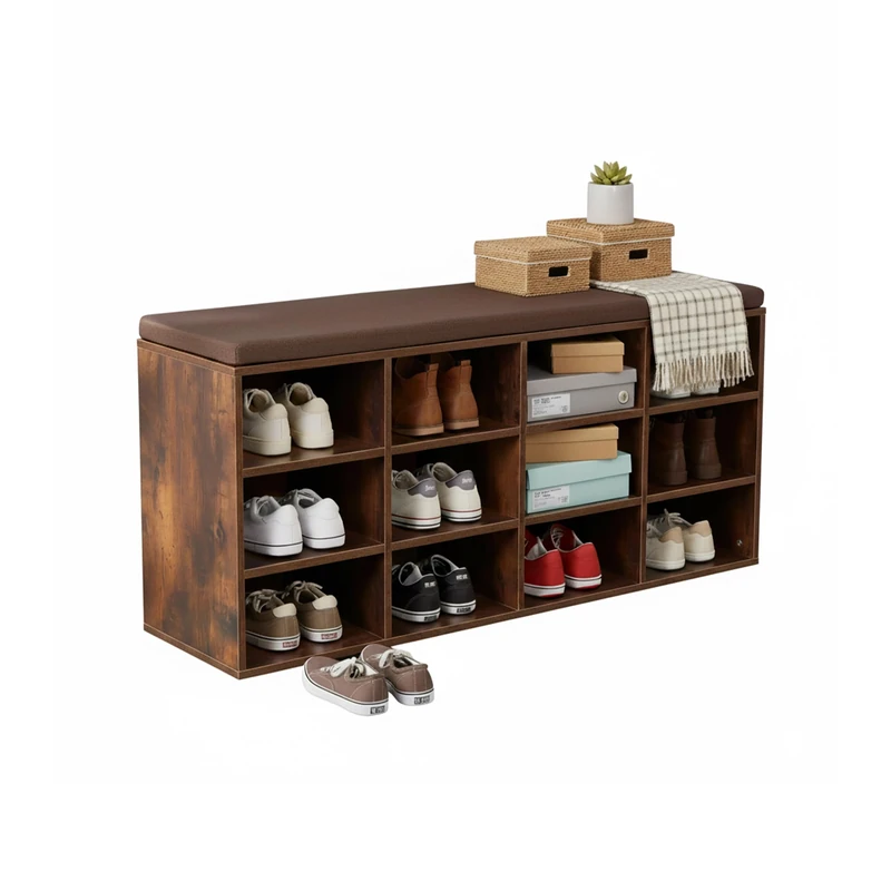 Relaxdays shoe bench with seat cushion & 12 compartments, hall, wardrobe, bedroom, shoe rack, shoe storage, dark brown
