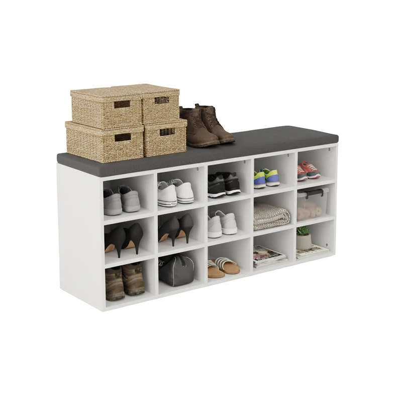 Relaxdays shoe bench with seat cushion & 15 compartments, hallway, wardrobe, bedroom, shoe rack, storage, white/grey