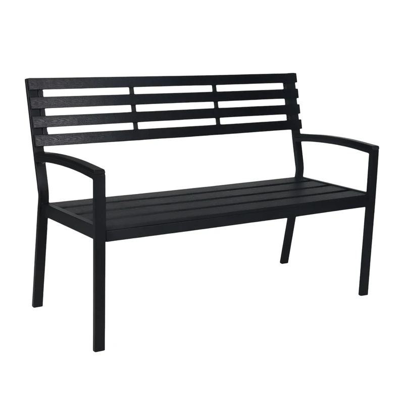 Relaxdays garden bench, 2-seater, HxWxD: 88 x 128 x 59 cm, WPC & metal, patio bench, terrace, balcony, black