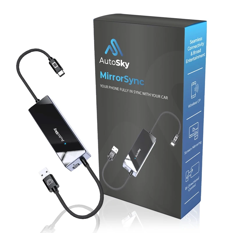 AutoSky Mirror Sync - Wireless CarPlay Adapter with Screen Mirroring - USB-A & USB-C - Wireless CarPlay for Vehicles with Wired CarPlay - Plug & Play
