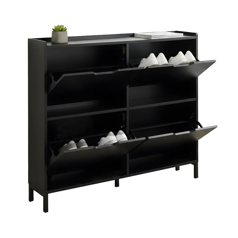 Relaxdays shoe rack, 4 compartments, 16 shoes, HWD: 90 x 100 x 19 cm, narrow cabinet with anti-tip protection, black