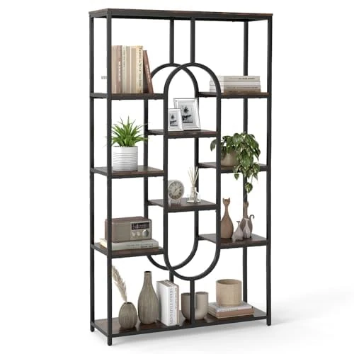 FANTASK Modern Bookcase, 5-Tier Standing Shelf with Open Metal Frame, Geometric Storage Shelf, Freestanding for Living Room & Office, Brown Black Oval