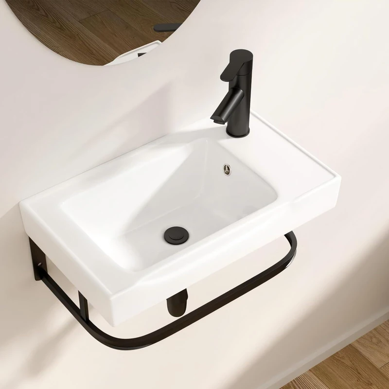 Logmey 19 Inch Wall Mount Bathroom Sink 19-1/2"x11 Rectangule Floating Sink White Porcelain Ceramic Wall Mounted Vessel Sink Wash Hand Basin with Bracket