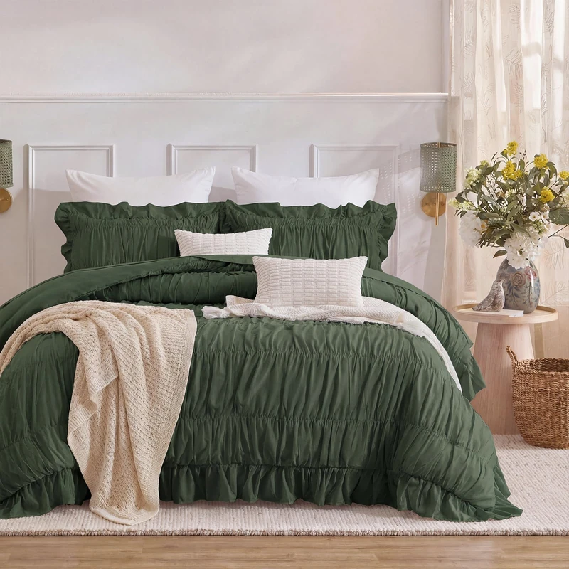Herside Olive Green Ruffle Duvet Cover Set King Size,Ruched Boho Bedding 3 Pieces Shabby Chic Luxury Wrinkle Ruffle Comforter Cover Set,Breathable and Soft Microfiber Quilt Cover Set for All Seasons