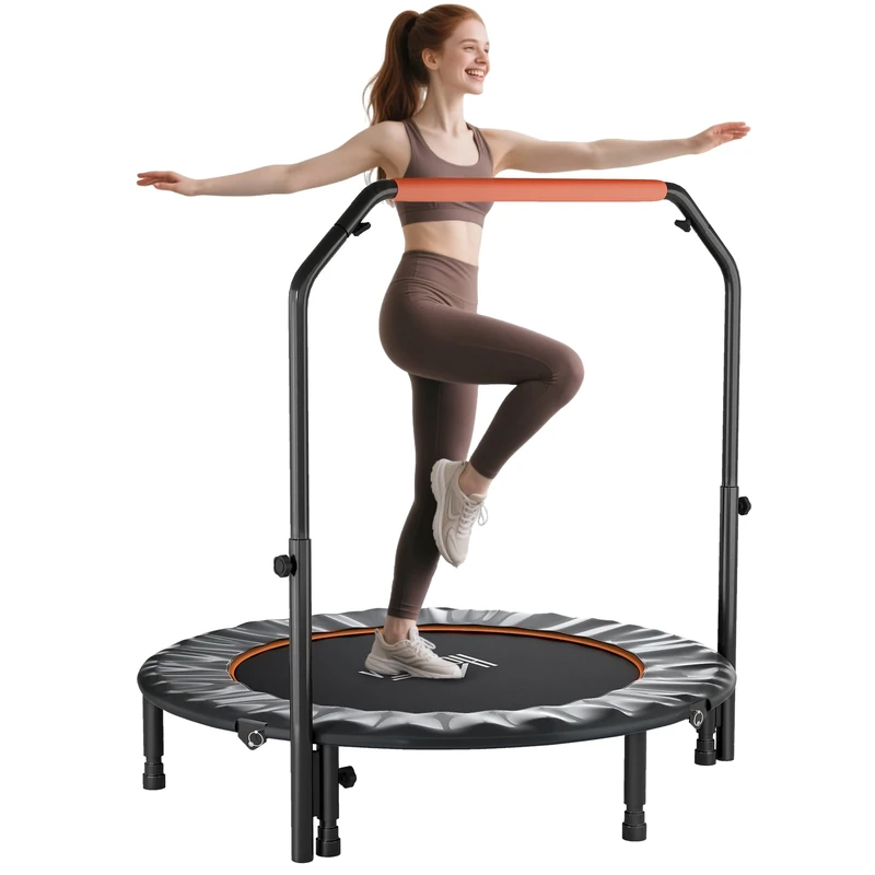 HOMCOM 48" Foldable Mini Trampoline Fitness Trampoline Rebounder for Adults with Adjustable Foam Handle, for Indoors, Outdoors, Cardio Training, 200kg Weight Capacity, Orange