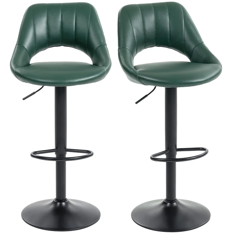 HOMCOM Bar Stools Set of 2, Swivel Barstools with Adjustable Height, Hollow Back and Footrest, Modern PU Leather Upholstered Breakfast Bar Chairs for Kitchen Island, Counter, Dining Room, Dark Green