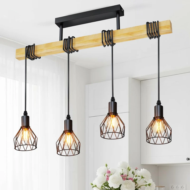 LVWIT Black Pendant Lighting,Vintage Hanging Lights,Wood Ceiling Light Fitting,4 Way Kitchen Light Ceiling,Drop Lights Ceiling,Industrial Ceiling Light for Lving and Dining Room(E14 Base,NO Bulbs)