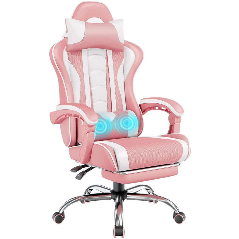 Yaheetech Gaming Chair for Adults, Ergonomic Video Game Chair with Massage Lumbar Support and Footrest Swivel, Height Adjustable Reclining Computer Racing Gamer Chair with Headrest - Pink/White