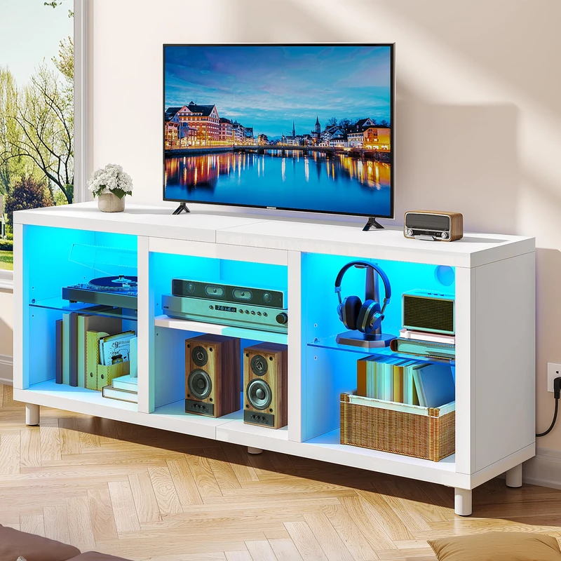 YITAHOME 148 CM TV Unit, LED TV Stand Cabinet for 55/60 / 65 Inch TVs with RGB Lights, Open Adjustable Glass Shelf, TV Cabinets Gaming Entertainment Center Modern for Living Room Bedroom, White