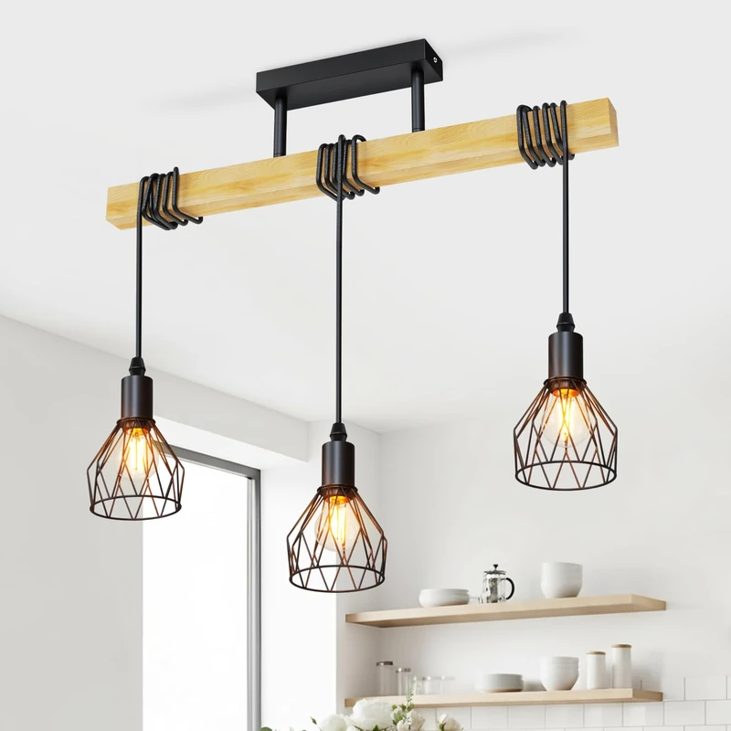 LVWIT Black Pendant Lighting,Vintage Hanging Lights,Wood Ceiling Light Fitting,3 Way Kitchen Light Ceiling,Drop Lights Ceiling,Industrial Ceiling lamp for Lving and Dining Room(E14 Base,NO Bulbs)