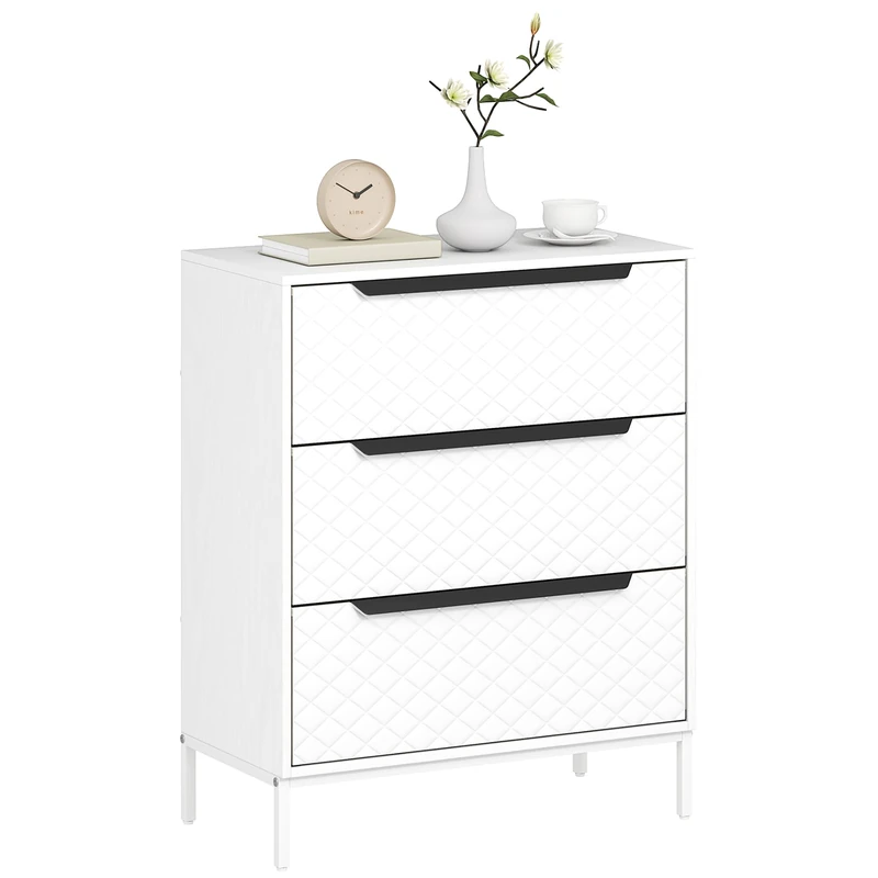 HOMCOM Chest of Drawers, Dresser with 3 Fabric Drawers, Bedroom Storage Unit with Aluminium Handles and Wood-effect Top for Living Room, Hallway, Entryway, White