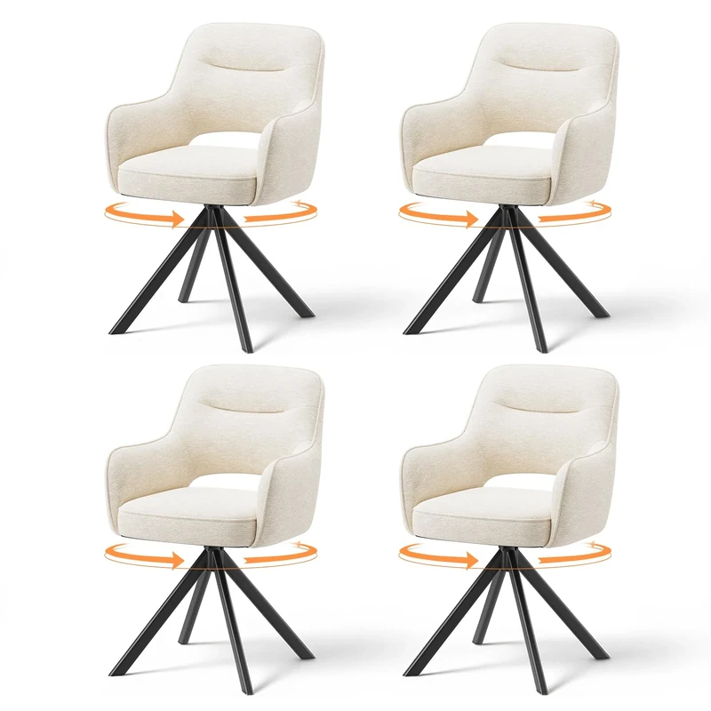COLAMY 360°Swivel Dining Chairs Set of 4, Fabric Chairs for Dining Room with Armrests, Hollow Backrest and Thick Seat Cushion, Kitchen Chair with Anti-Slip Pads, armchairs for living Room, Beige