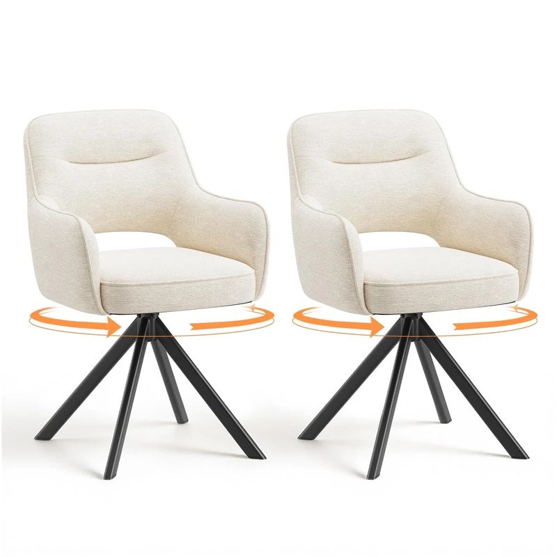 COLAMY 360°Swivel Dining Chairs Set of 2, Fabric Chairs for Dining Room with Armrests, Hollow Backrest and Thick Seat Cushion, Kitchen Chair with Anti-Slip Pads, armchairs for living Room, Beige