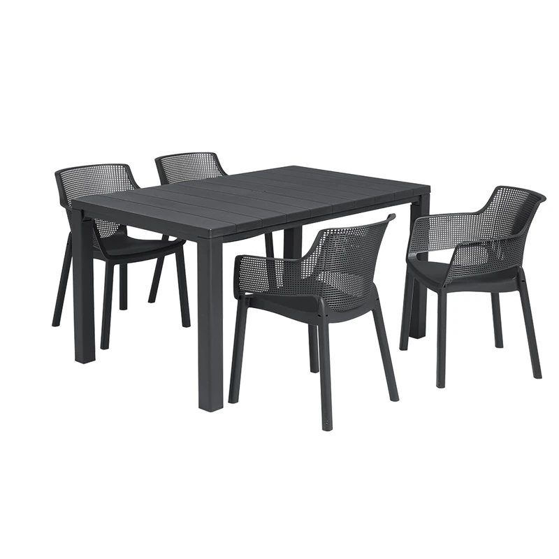 Keter Julie 6 Seater Outdoor Dining Table & 6 Elisa Chairs Set – Graphite | Wood-Effect Weatherproof Garden Furniture | Durable, Low-Maintenance & Stackable Chairs
