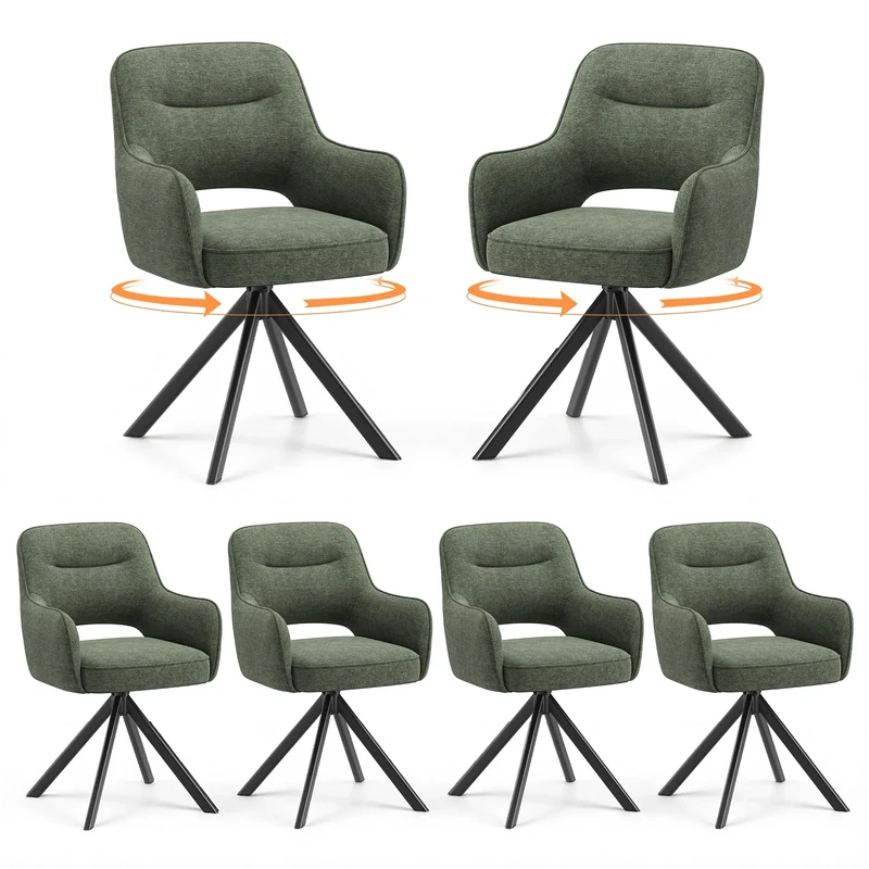 COLAMY 360°Swivel Dining Chairs Set of 6, Fabric Chairs for Dining Room with Armrests, Hollow Backrest and Thick Seat Cushion, Kitchen Chair with Anti-Slip Pads, armchairs for living Room, Green