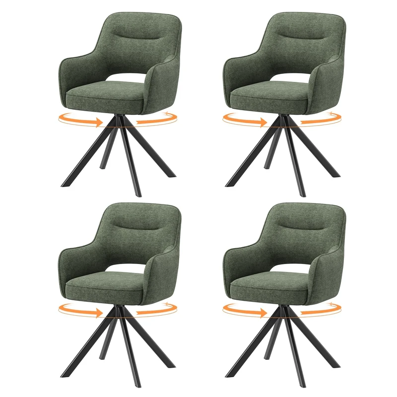 COLAMY 360°Swivel Dining Chairs Set of 4, Fabric Chairs for Dining Room with Armrests, Hollow Backrest and Thick Seat Cushion, Kitchen Chair with Anti-Slip Pads, armchairs for living Room, Green