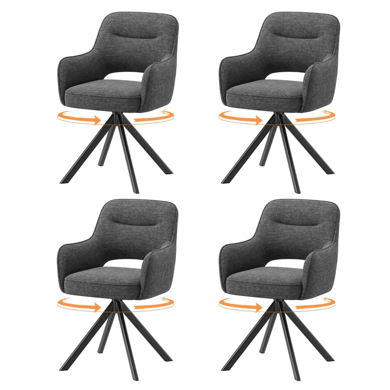 COLAMY 360°Swivel Dining Chairs Set of 4, Fabric Chairs for Dining Room with Armrests, Hollow Backrest and Thick Seat Cushion, Kitchen Chair with Anti-Slip Pads, armchairs for living Room, Grey