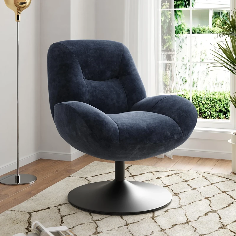 Farini Swivel Accent Chair, Upholstered Armchair with Thick Seat Cushion, Tub Chair for Living Room, Sturdy Metal Legs, Ergonomic Design, Comfortable Single Sofa Chair for Bedroom Reading,Dark Blue