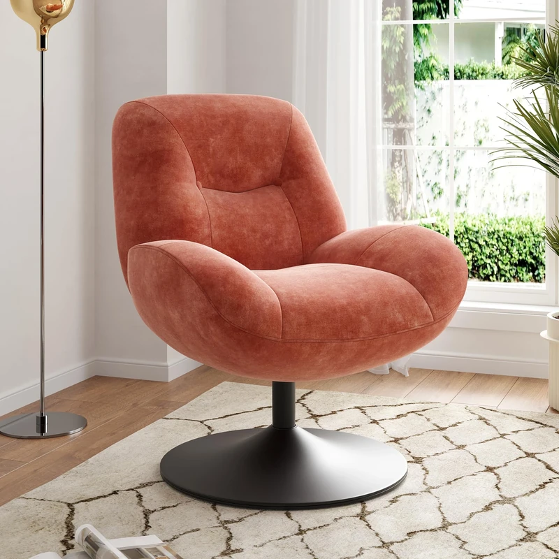 Farini Swivel Accent Chair, Upholstered Armchair with Thick Seat Cushion, Tub Chair for Living Room, Sturdy Metal Legs, Ergonomic Design, Comfortable Single Sofa Chair for Bedroom Reading,Orange