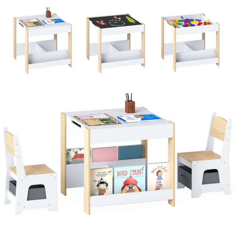 GYMAX Kids Table and Chairs Set, 4 in 1 Children Activity Desk with 2 Chairs, Reversible Tabletop, Bookshelves and Storage Bins, Wooden Toddler Table Set for Boys Girls (White+Natural, 61x61x56cm)