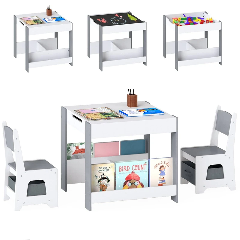 GYMAX Kids Table and Chairs Set, 4 in 1 Children Activity Desk with 2 Chairs, Reversible Tabletop, Bookshelves and Storage Bins, Wooden Toddler Table Set for Boys Girls (White+Grey, 61x61x56cm)