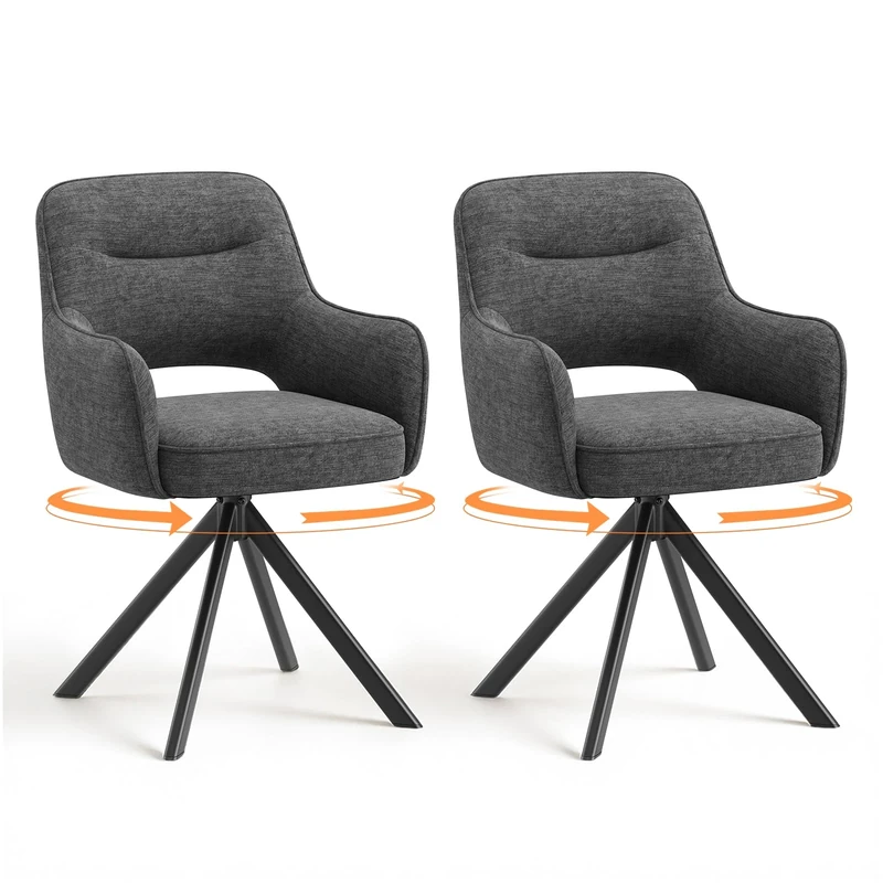 COLAMY 360°Swivel Dining Chairs Set of 2, Fabric Chairs for Dining Room with Armrests, Hollow Backrest and Thick Seat Cushion, Kitchen Chair with Anti-Slip Pads, armchairs for living Room, Grey