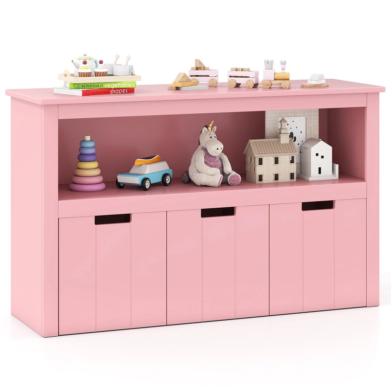 GYMAX Kids Storage Cabinet, 3 Drawers Children Bookcase with Large Open Shelf & Rolling Wheels, Wooden Toy Storage Organizer for Playroom Bedroom (Pink)