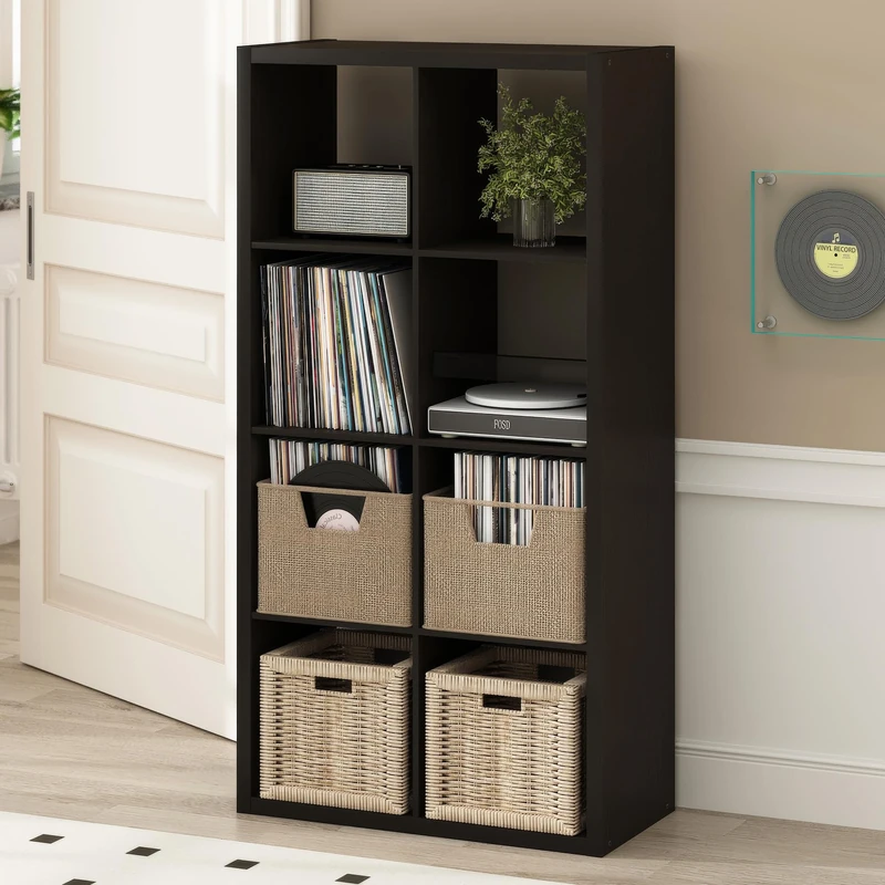 Furinno CUBICLE Record Player Stand with Vinyl Storage, 8-Cube 1.2 Extra Thick Vinyl Record Storage, Open Back Media Shelf for CD DVD Blueray Game Disc, for Living Room, Home Office, Black Dark Oak