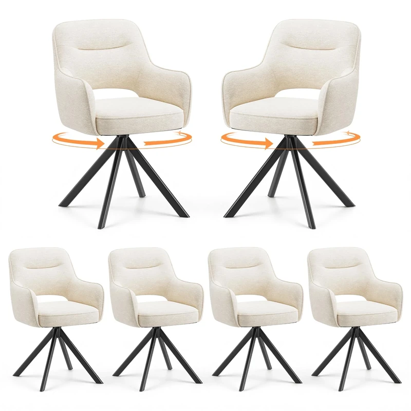 COLAMY 360°Swivel Dining Chairs Set of 6, Fabric Chairs for Dining Room with Armrests, Hollow Backrest and Thick Seat Cushion, Kitchen Chair with Anti-Slip Pads, armchairs for living Room, Beige