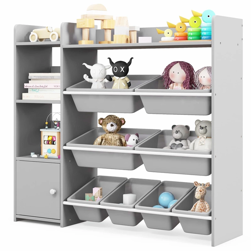 GYMAX Toy Storage Organizer, 4 Tiers Kids Bookshelf and Toy Storage Unit with 8 Bins, Open Shelves and Enclosed Cabinet, Children Bookcase for Playroom Bedroom Nursery (Grey)