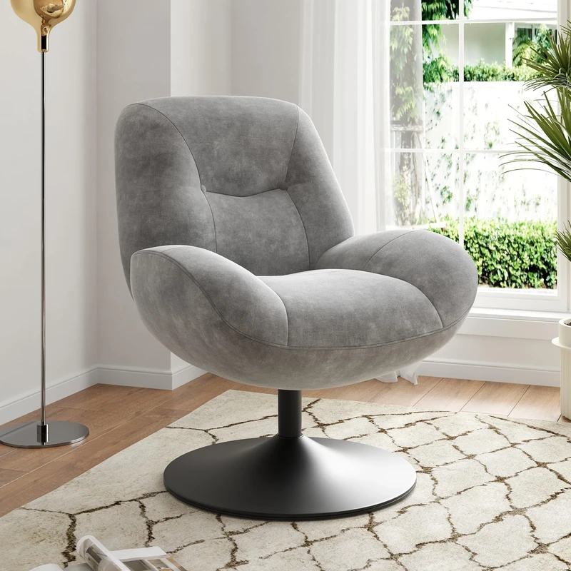Farini Swivel Accent Chair, Upholstered Armchair with Thick Seat Cushion, Tub Chair for Living Room, Sturdy Metal Legs, Ergonomic Design, Comfortable Single Sofa Chair for Bedroom Reading,Grey