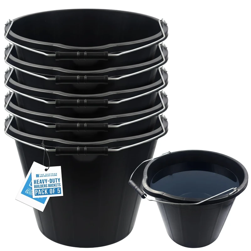 Black Builders Bucket - Sturdy Plastic Buckets with Metal Handles - Black Car Wash Bucket with Spout for Mixing Cement, Cleaning, Car Wash, Gardening, Tools, etc (PACK OF 5)