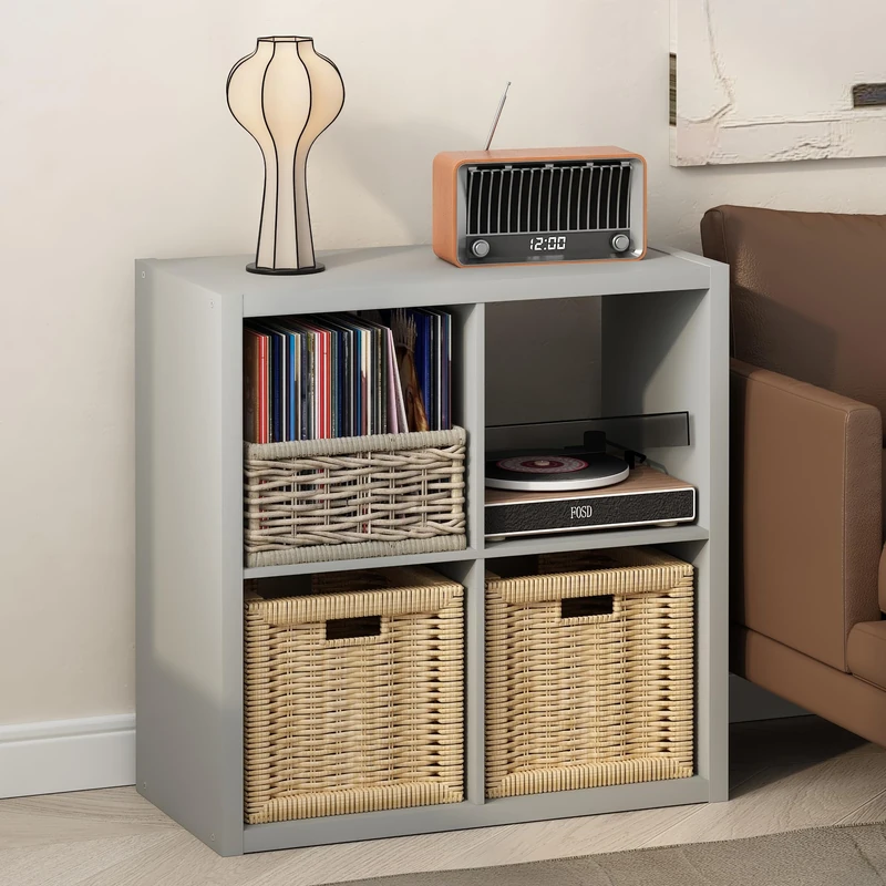 Furinno CUBICLE Record Player Stand with Vinyl Storage, 4-Cube 1.2 Extra Thick Vinyl Record Storage, Open Back Media Shelf for CD DVD Blueray Game Disc, for Living Room, Home Office, Light Grey
