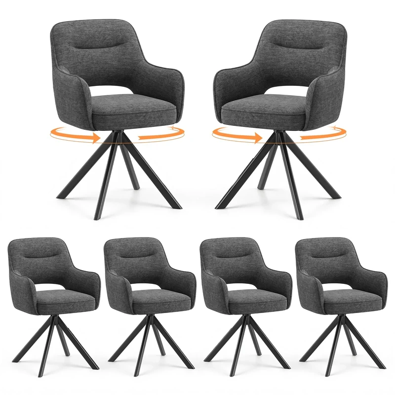 COLAMY 360°Swivel Dining Chairs Set of 6, Fabric Chairs for Dining Room with Armrests, Hollow Backrest and Thick Seat Cushion, Kitchen Chair with Anti-Slip Pads, armchairs for living Room, Grey