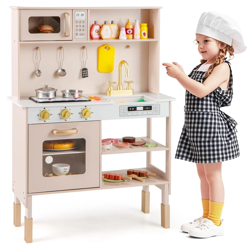 GYMAX Wooden Kids Kitchen, Height Adjustable Toy Kitchen with Stoves, Microwave, Oven, Storage Shelves, Accessories, Real Lights & Sounds, Children Cooking Role Playset for 3+ Years Old