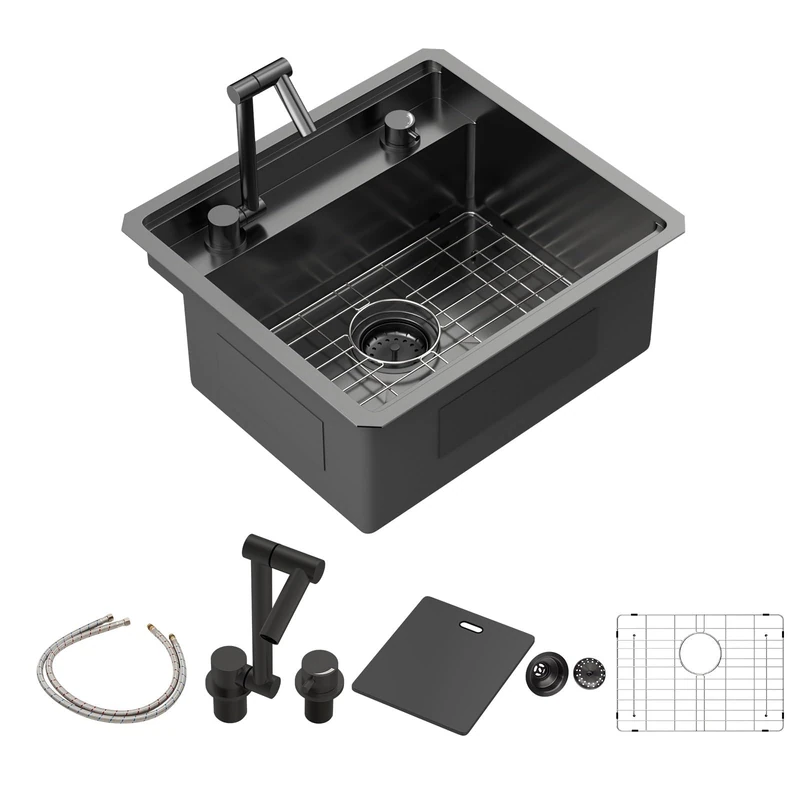 Sarlai Black Undermount Bar Sink with Foldable Faucet - 21x19 Inch Outdoor Black Kitchen Sink RV Workstation 16 Gauge Stainless Steel Single Bowl Handmade Outdoor BBQ Sinks with Lid