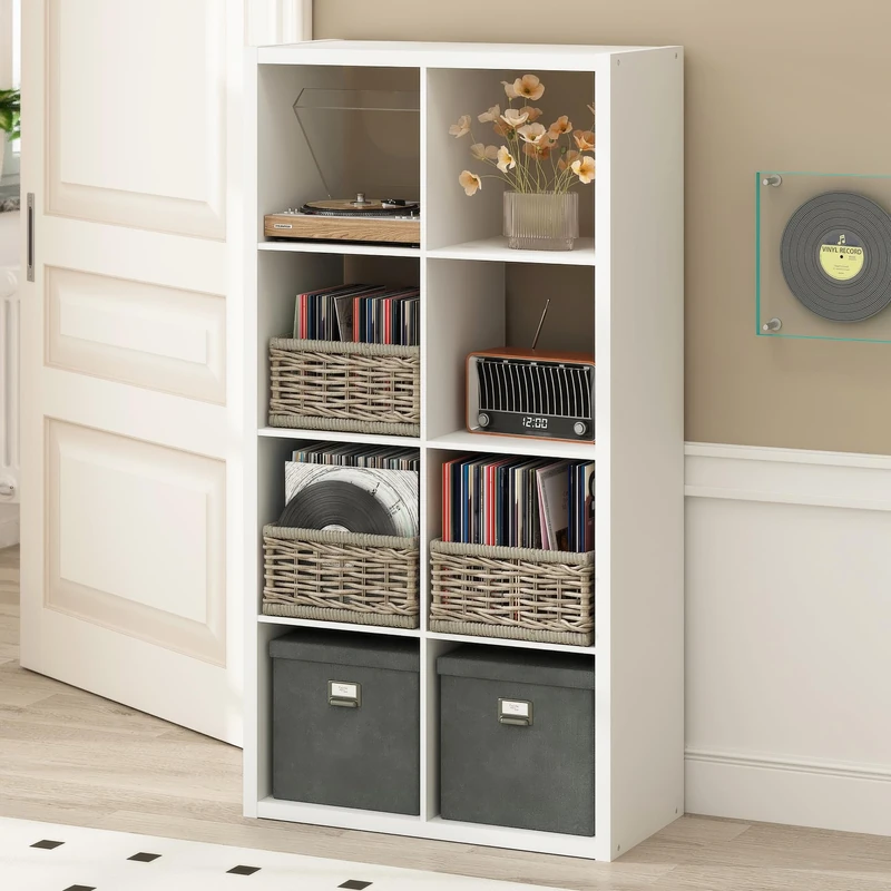 Furinno CUBICLE Record Player Stand with Vinyl Storage, 8-Cube 1.2 Extra Thick Vinyl Record Storage, Open Back Media Shelf for CD DVD Blueray Game Disc, for Living Room, Home Office, White