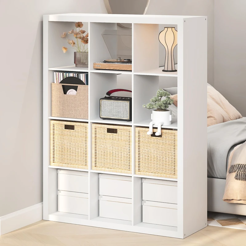 Furinno CUBICLE Record Player Stand with Vinyl Storage, 12-Cube 1.8 Triple Thick Vinyl Record Storage, Open Back Media Shelf for CD DVD Blueray Game Disc, for Living Room, Home Office, White - Image 1