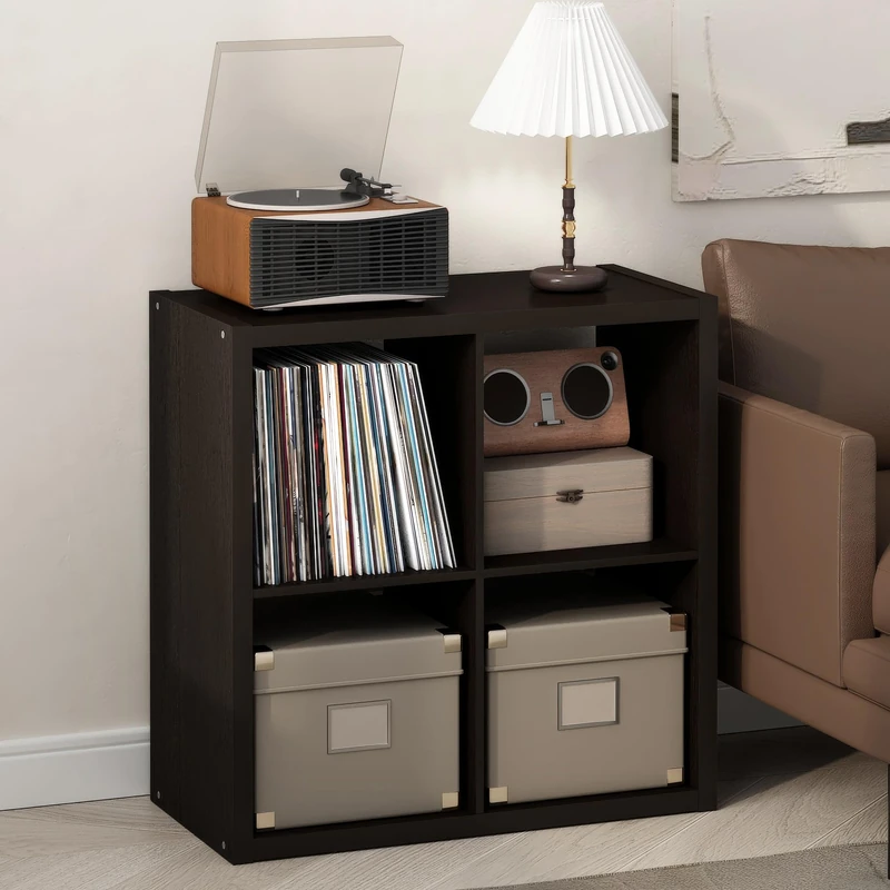 Furinno CUBICLE Record Player Stand with Vinyl Storage, 4-Cube 1.2 Extra Thick Vinyl Record Storage, Open Back Media Shelf for CD DVD Blueray Game Disc, for Living Room, Home Office, Black Dark Oak