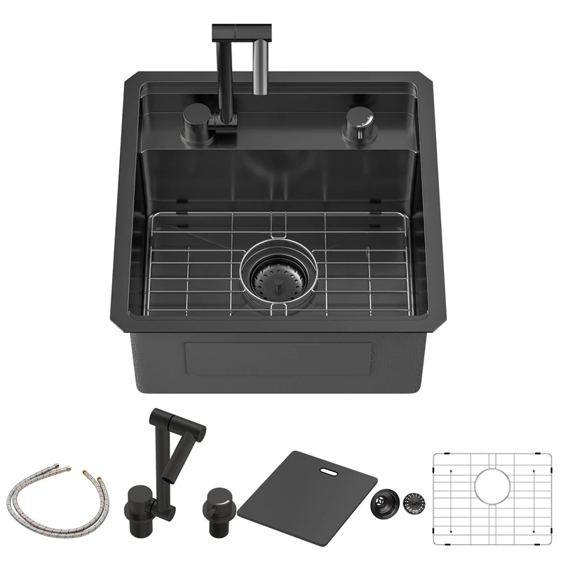 Sarlai Black Undermount Bar Sink with Foldable Faucet - 18x18 Inch Outdoor Black Kitchen Sink RV Workstation 16 Gauge Stainless Steel Single Bowl Handmade Outdoor BBQ Sinks with Lid