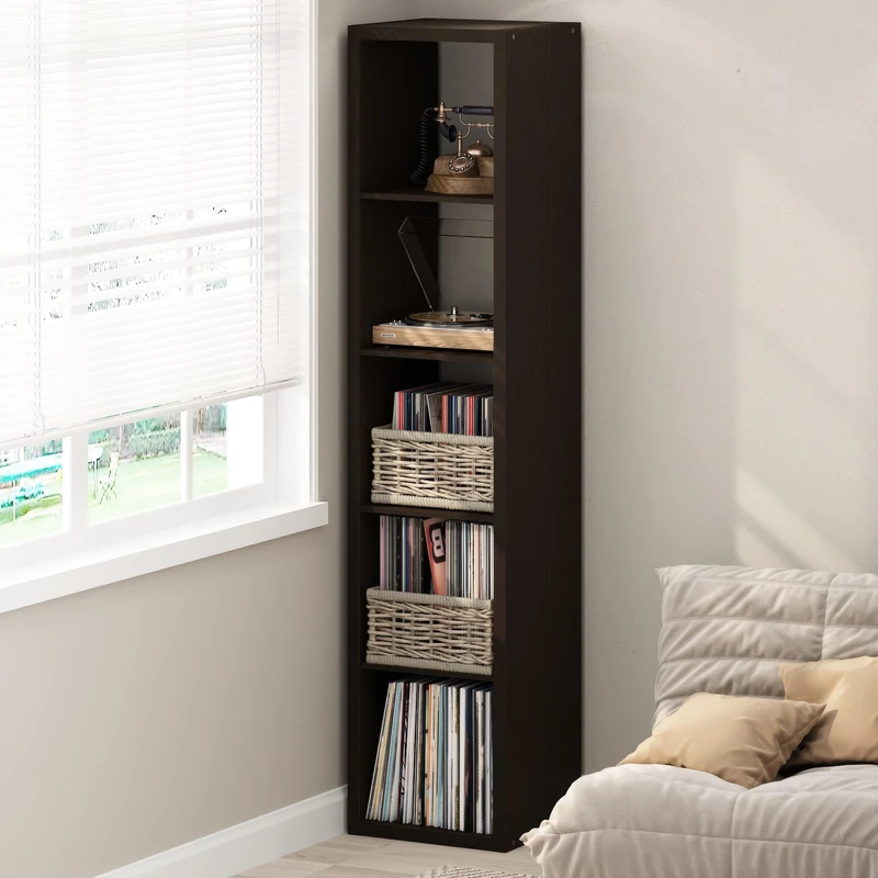 Furinno CUBICLE Record Player Stand with Vinyl Storage, 5-Cube 1.2 Extra Thick Vinyl Record Storage, Open Back Media Shelf for CD DVD Blueray Game Disc, for Living Room, Home Office, Black Dark Oak