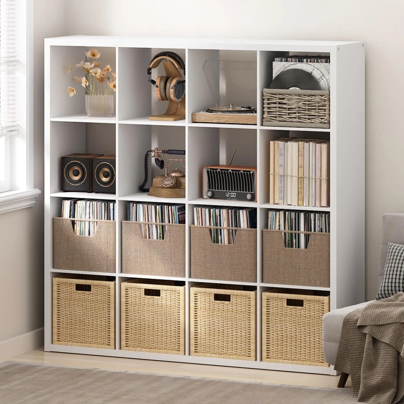 Furinno CUBICLE Record Player Stand with Vinyl Storage, 16-Cube 1.2 Extra Thick Vinyl Record Storage, Open Back Media Shelf for CD DVD Blueray Game Disc, for Living Room, Home Office, White