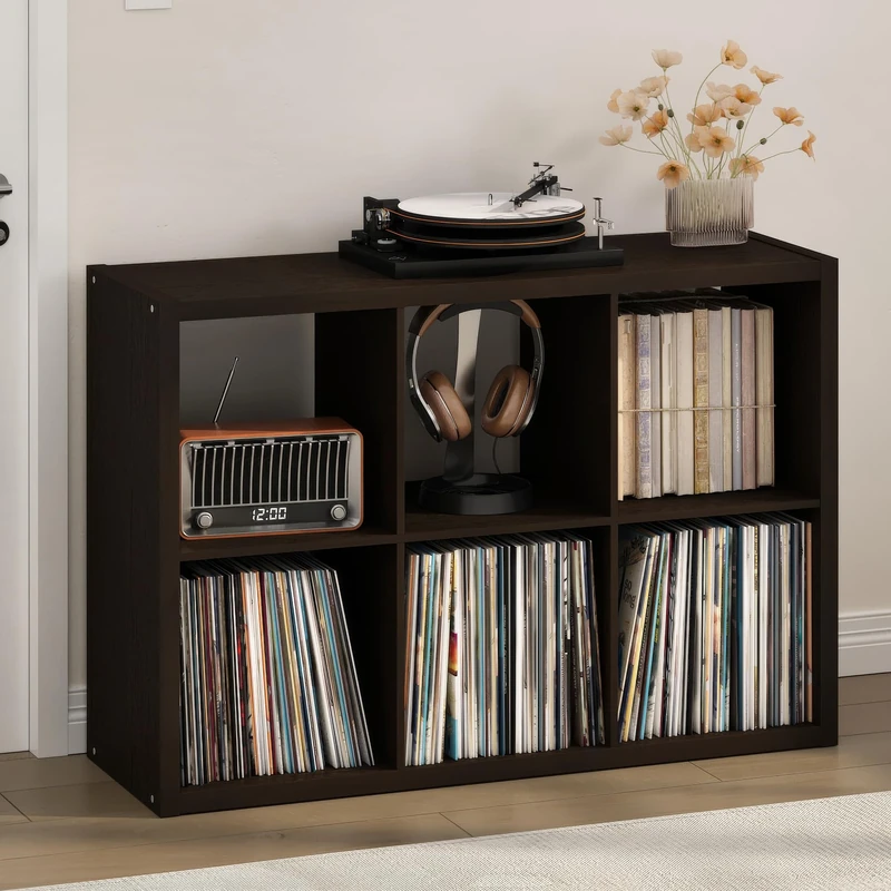 Furinno CUBICLE Record Player Stand with Vinyl Storage, 6-Cube 1.2 Extra Thick Vinyl Record Storage, Open Back Media Shelf for CD DVD Blueray Game Disc, for Living Room, Home Office, Black Dark Oak