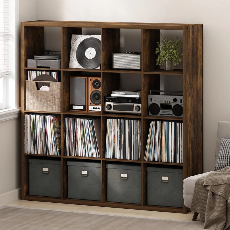Furinno CUBICLE Record Player Stand with Vinyl Storage, 16-Cube 1.2 Extra Thick Vinyl Record Storage, Open Back Media Shelf for CD DVD Blueray Game Disc, for Living Room, Home Office, Amber Pine