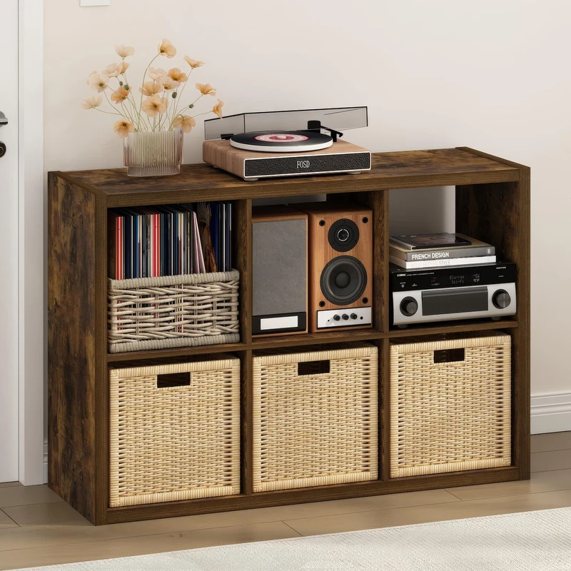 Furinno CUBICLE Record Player Stand with Vinyl Storage, 6-Cube 1.2 Extra Thick Vinyl Record Storage, Open Back Media Shelf for CD DVD Blueray Game Disc, for Living Room, Home Office, Amber Pine