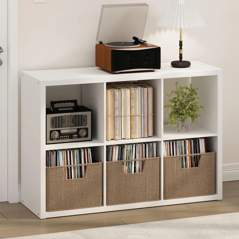 Furinno CUBICLE Record Player Stand with Vinyl Storage, 6-Cube 1.2 Extra Thick Vinyl Record Storage, Open Back Media Shelf for CD DVD Blueray Game Disc, for Living Room, Home Office, White - Image 1