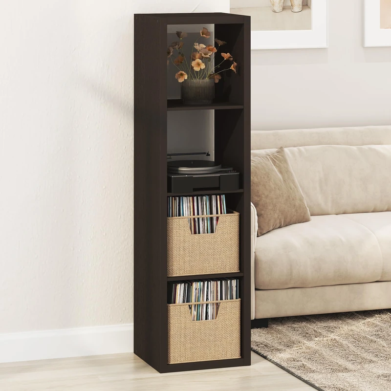 Furinno CUBICLE Record Player Stand with Vinyl Storage, 4-Cube 1.2 Extra Thick Vinyl Record Storage, Open Back Media Shelf for CD DVD Blueray Game Disc, for Living Room, Home Office, Black Dark Oak